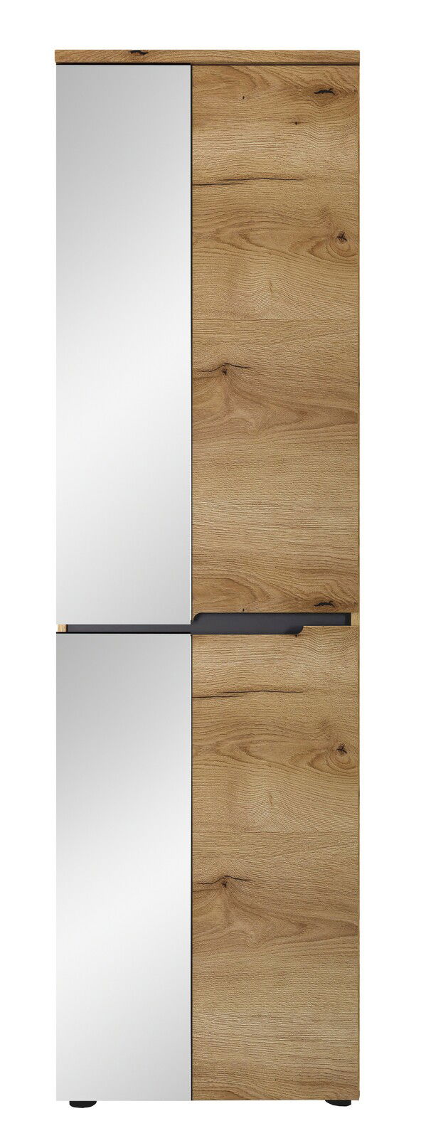 Garderobenschrank aus Holz mit zwei Türen, eine mit Spiegel, in Frontalansicht.