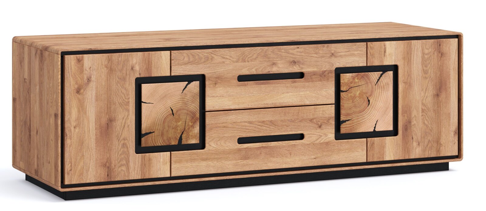 Modern laag dressoir/tv-meubel van hout in eikenlook met twee deuren en twee lades, zwarte accenten en vierkante details op het front in boomstamlook, vrijstaand op een witte achtergrond, vooraanzicht licht schuin van voren.