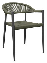 Moderner Stapelsessel mit geflochtener Sitzfläche und Rückenlehne, seitliche Perspektive