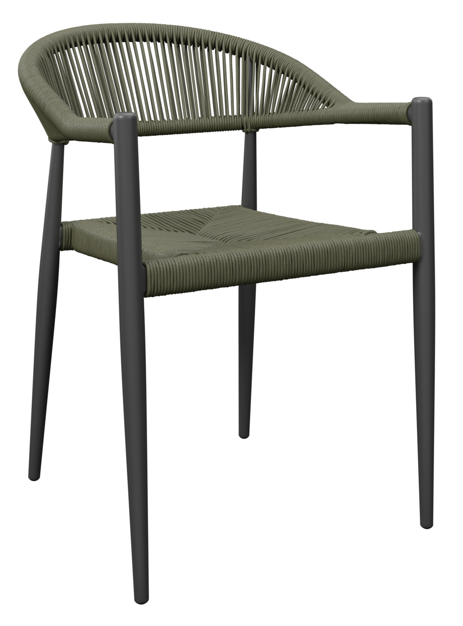 Moderner Stapelsessel mit geflochtener Sitzfläche und Rückenlehne, seitliche Perspektive