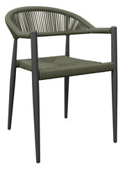 Moderner Stapelsessel mit geflochtener Sitzfläche und Rückenlehne, seitliche Perspektive