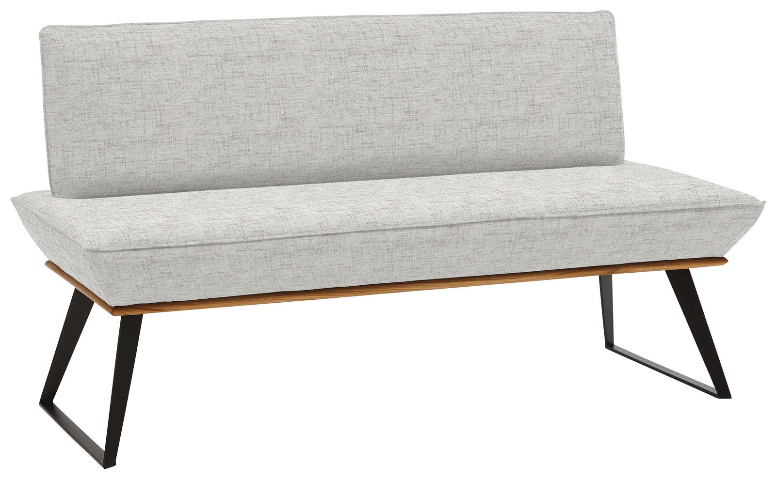 Voleo Bank 160 cm MALIBU Moderne Bank mit hellgrauem Stoffbezug und schwarzen Metallbeinen, seitliche Perspektive