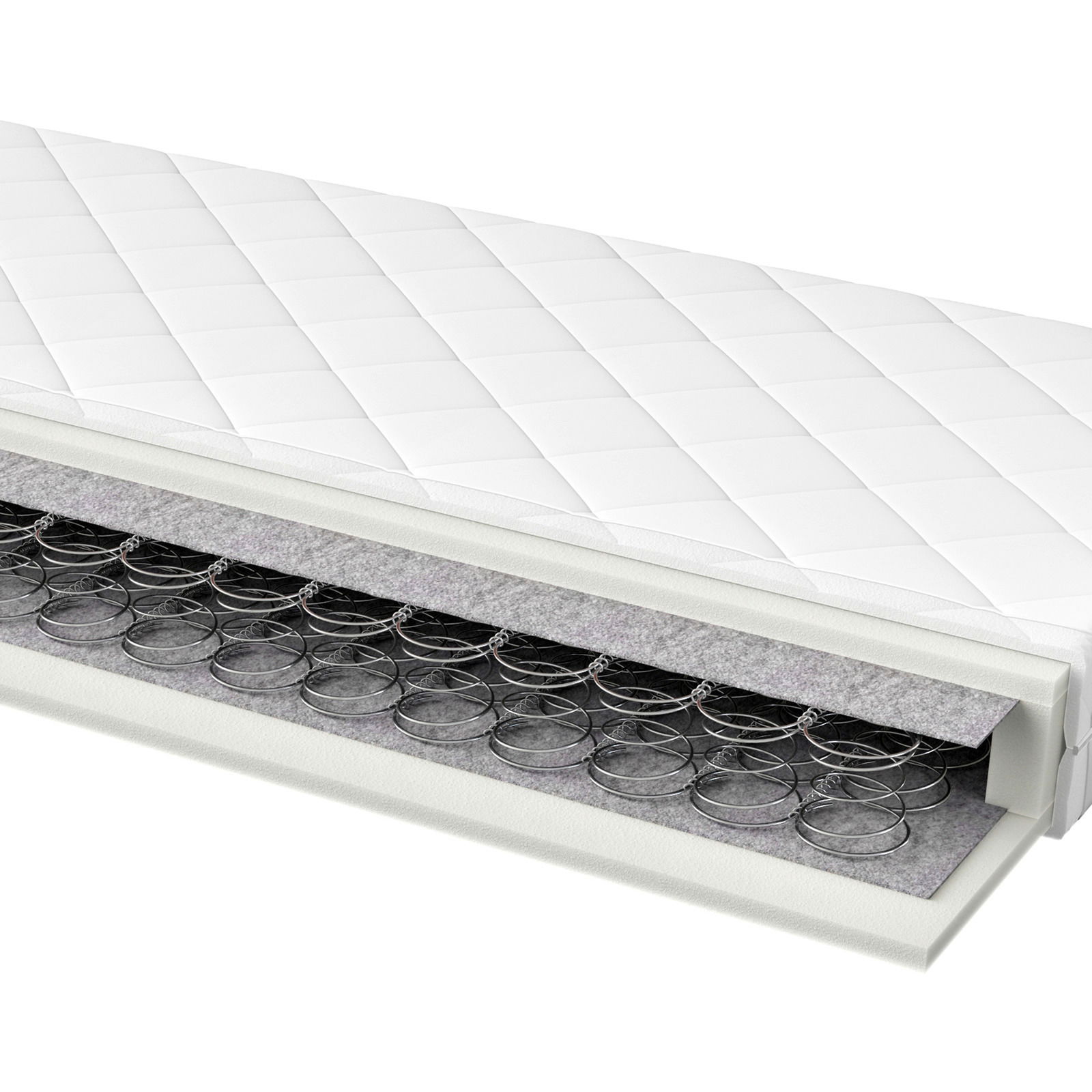 Querschnitt einer Bonellfederkernmatratze mit sichtbaren Federn und Polsterschichten, seitliche Perspektive