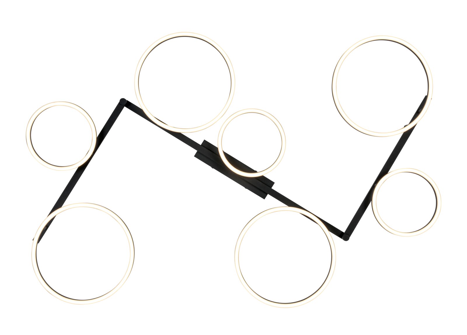 Moderne led-plafondlamp met zes lichtgevende ringen, gezien van bovenaf.