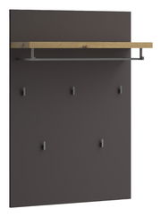 Garderobenpaneel mit dunkler Rückwand, Holzablage und mehreren Haken, frontale Ansicht