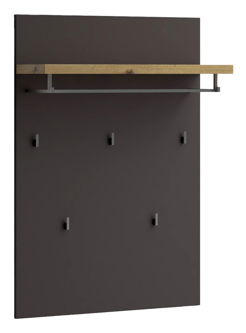 Garderobenpaneel mit dunkler Rückwand, Holzablage und mehreren Haken, frontale Ansicht