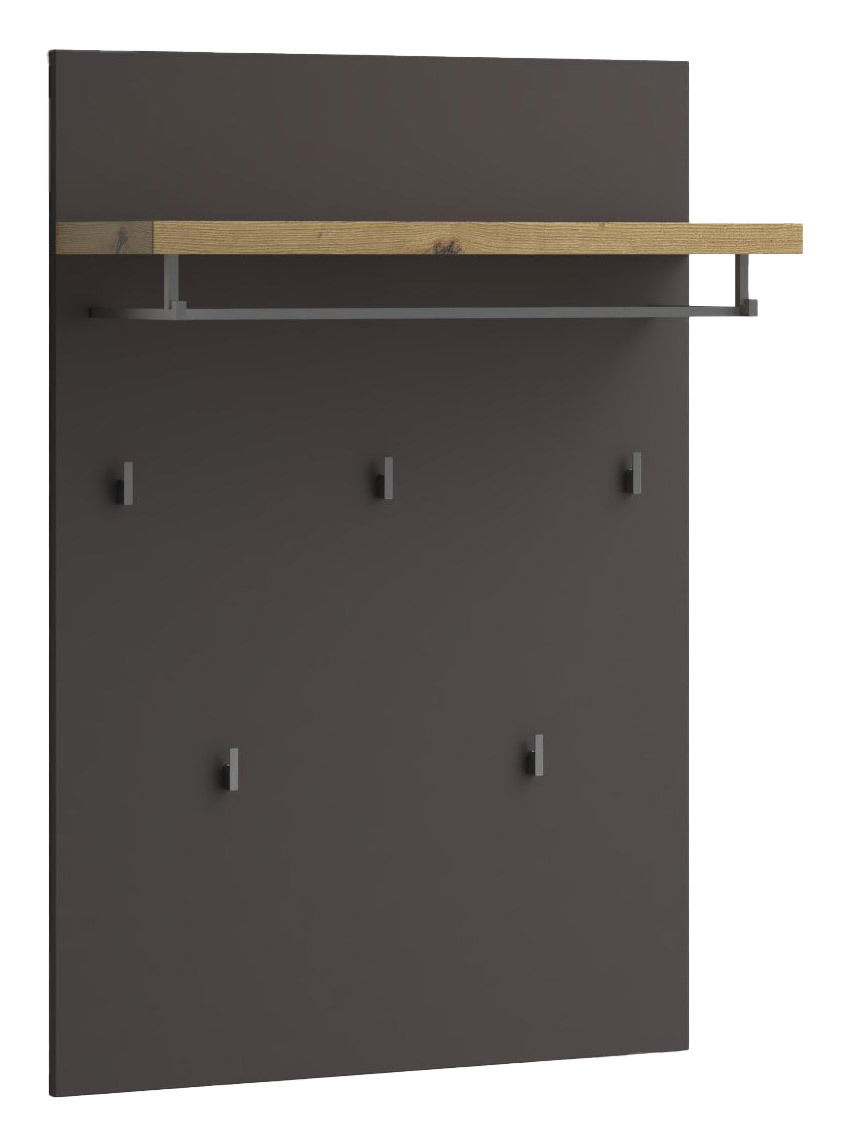 Garderobenpaneel mit dunkler Rückwand, Holzablage und mehreren Haken, frontale Ansicht
