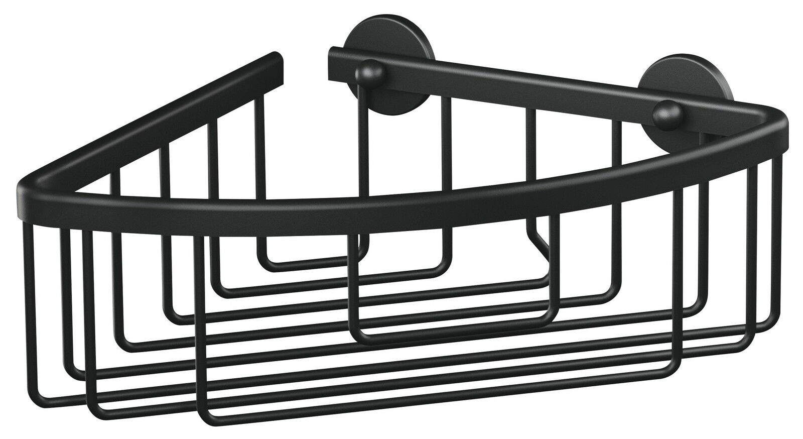 Schwarzes Eck-Duschregal aus Metall mit Wandhalterung, seitliche Perspektive