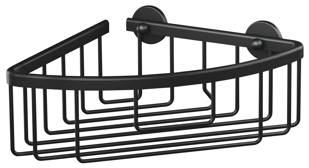 Schwarzes Eck-Duschregal aus Metall mit Wandhalterung, seitliche Perspektive