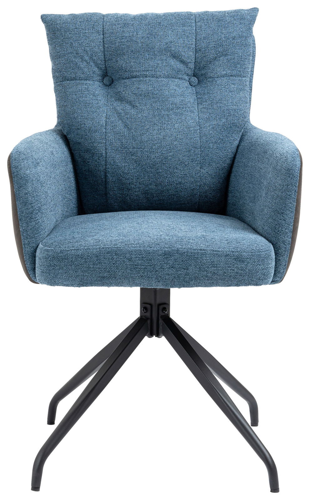 Moderner blauer Sessel mit Metallbeinen, Frontalansicht