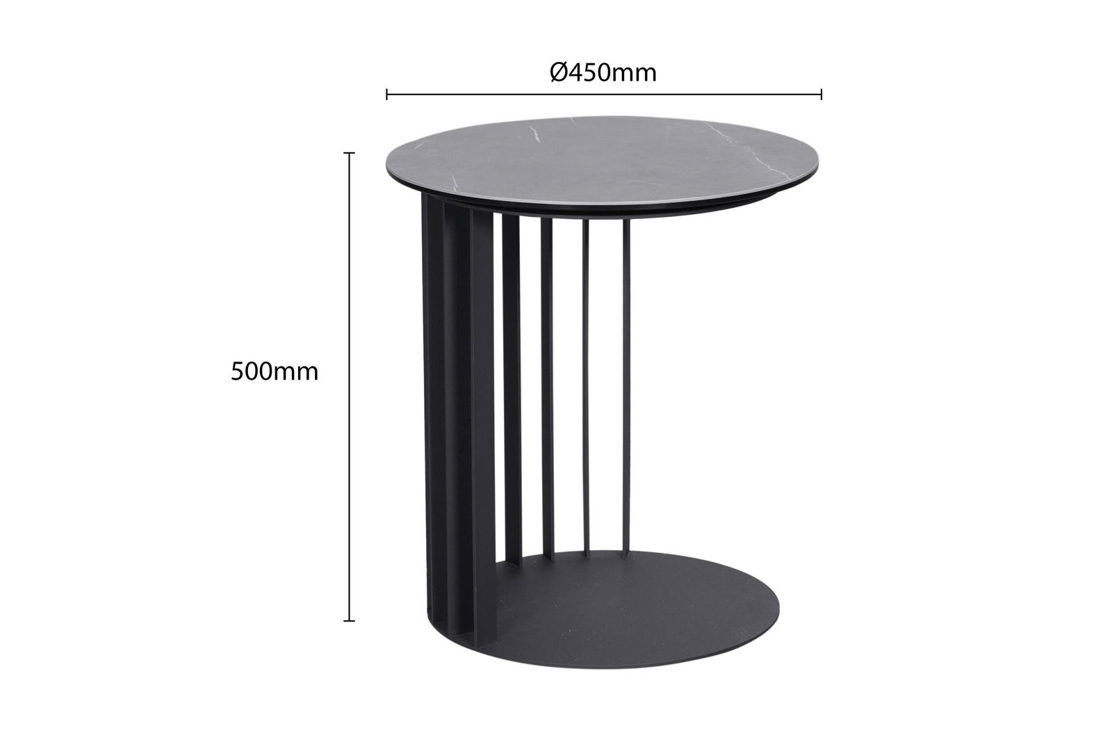 Moderner schwarzer Beistelltisch mit rundem Tischplatte, 450mm Durchmesser und 500mm Höhe, seitliche Perspektive.