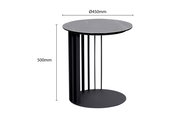 Moderner schwarzer Beistelltisch mit rundem Tischplatte, 450mm Durchmesser und 500mm Höhe, seitliche Perspektive.