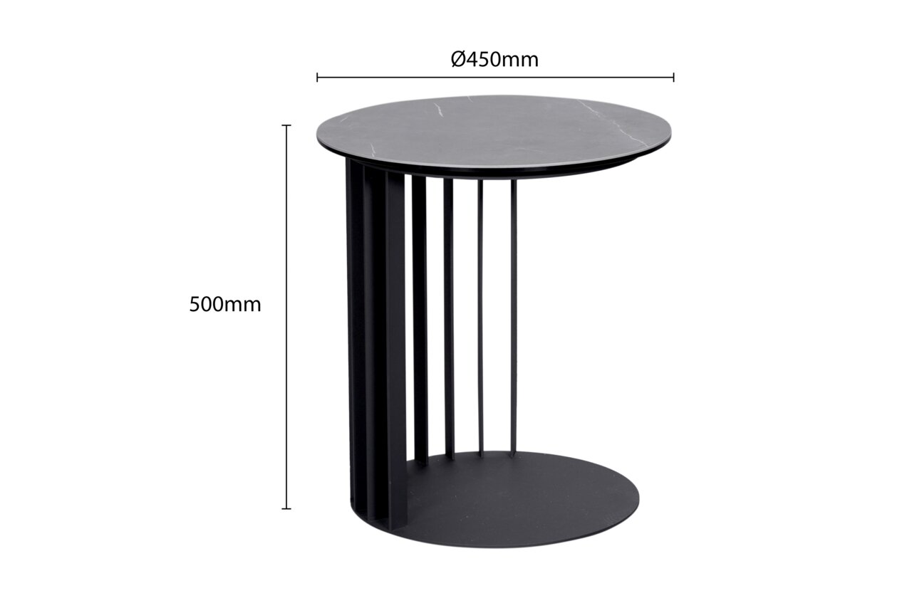 Moderne zwarte bijzettafel met een rond tafelblad, een diameter van 450 mm en een hoogte van 500 mm, gezien vanaf de zijkant.