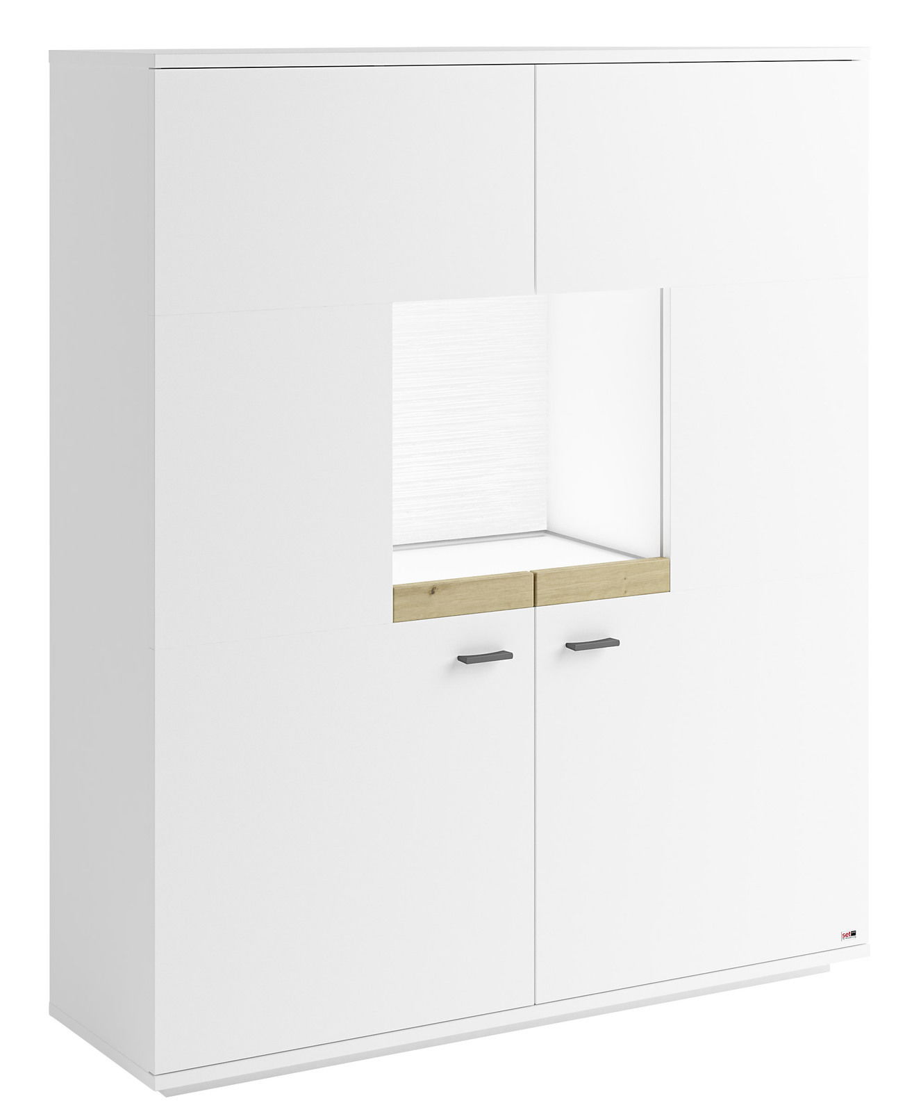 Weißes Highboard mit Holzdetails und offenen Fächern, frontal betrachtet.