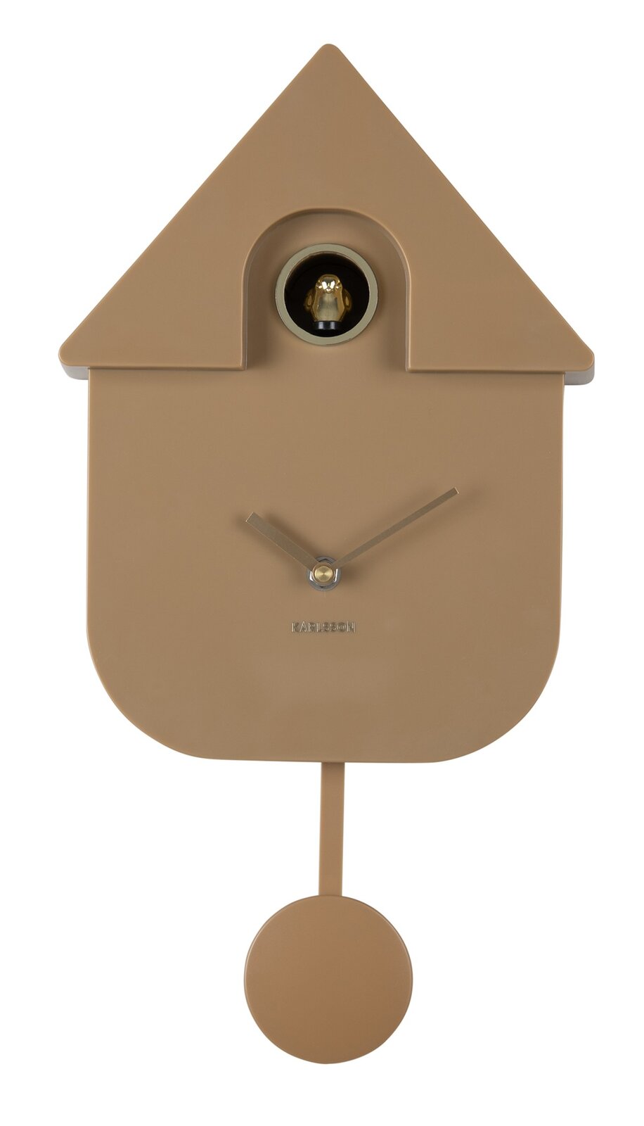 Moderne Wanduhr in Hausform mit Kuckuck, braune Farbe, frontale Ansicht