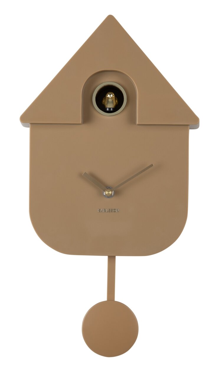 Moderne Wanduhr in Hausform mit Kuckuck, braune Farbe, frontale Ansicht
