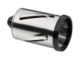 Nahaufnahme einer silbernen Trommelreibe mit schwarzem Rand, seitliche Perspektive