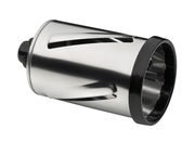 Nahaufnahme einer silbernen Trommelreibe mit schwarzem Rand, seitliche Perspektive