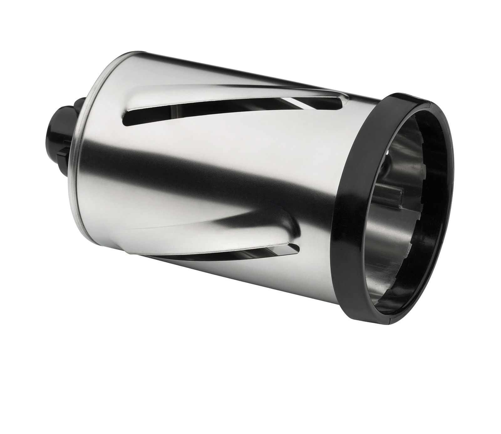 Nahaufnahme einer silbernen Trommelreibe mit schwarzem Rand, seitliche Perspektive