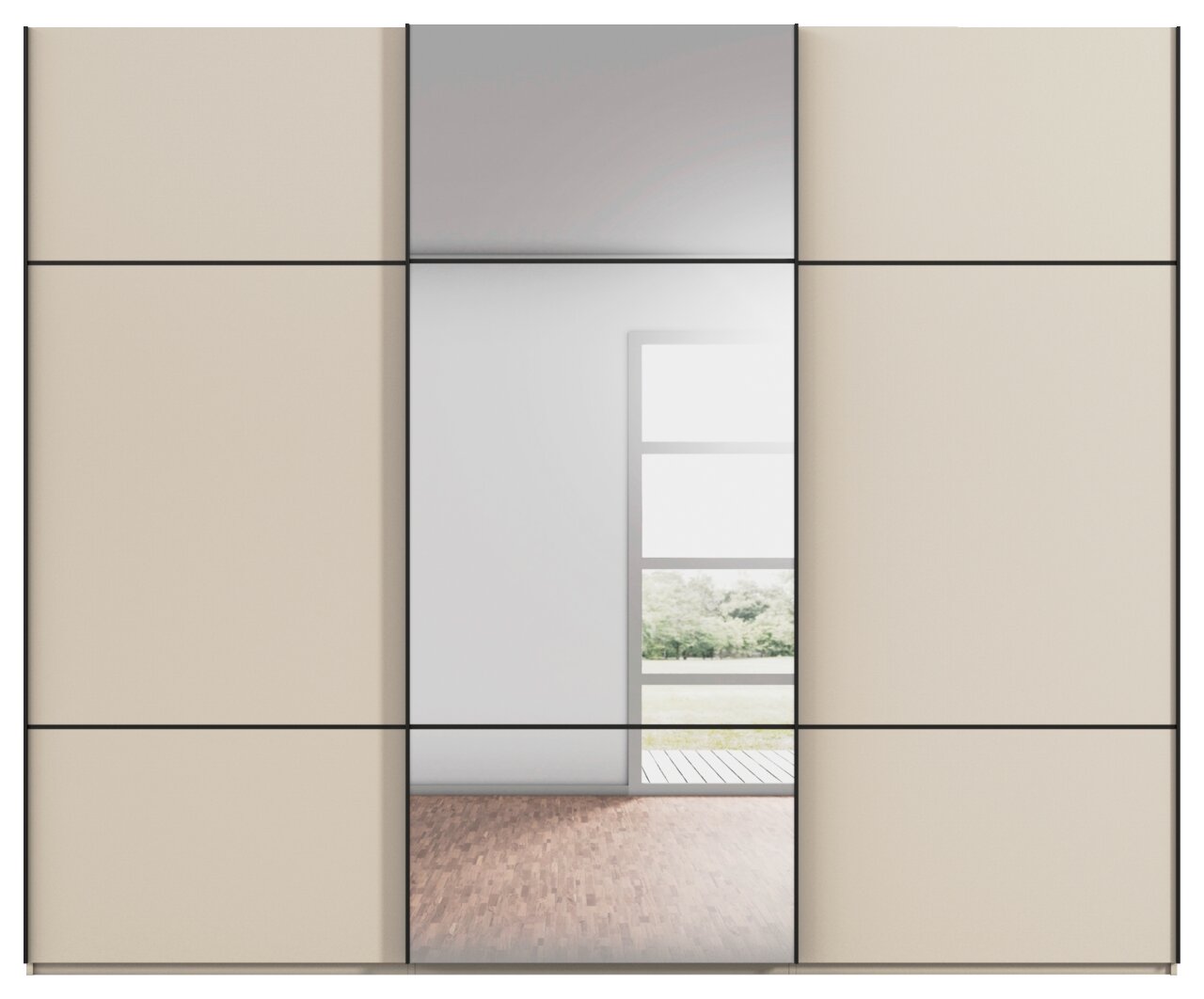 Schwebetürenschrank mit Spiegel in Frontansicht, beige Paneele und mittlerer Spiegeltür.