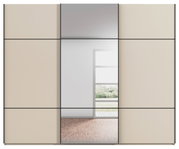 Schwebetürenschrank mit Spiegel in Frontansicht, beige Paneele und mittlerer Spiegeltür.