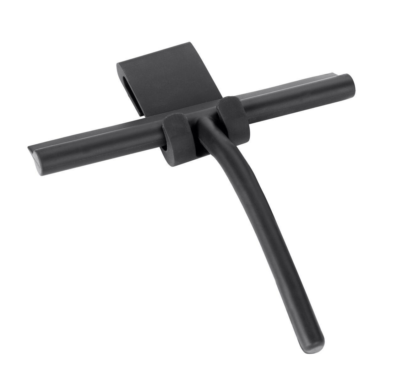 Schwarzer Badezimmerwischer aus Silikon in seitlicher Perspektive