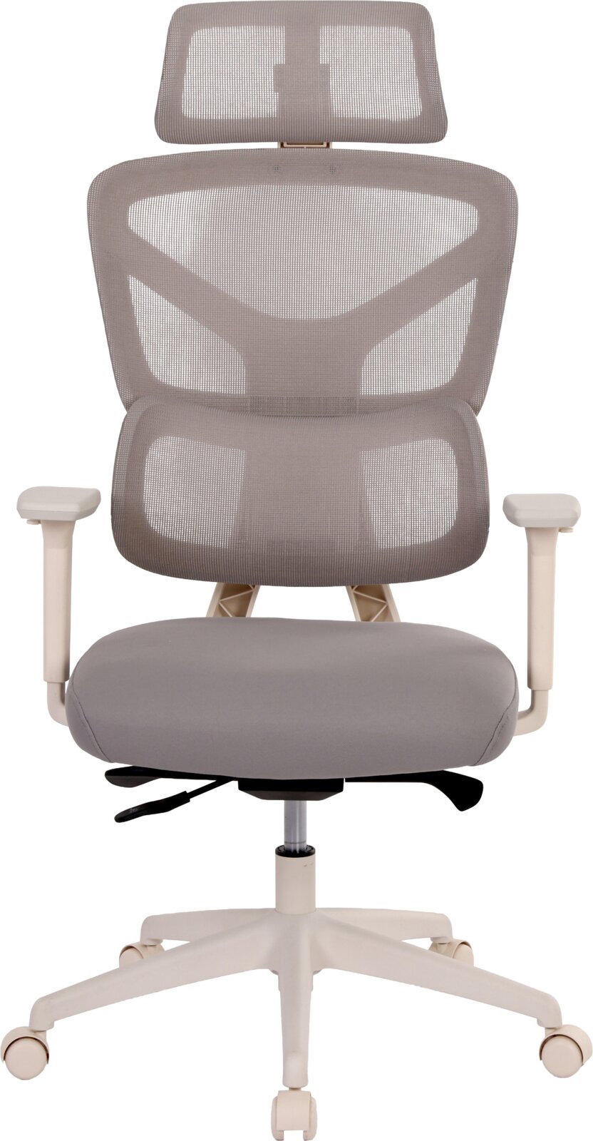 Ergonomischer Bürostuhl mit grauer Netz-Rückenlehne und Kopfstütze, gepolsterter Sitzfläche, hellen Armlehnen und weißem Fußkreuz auf Rollen, frontal von vorn freigestellt