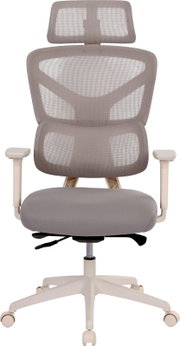 Ergonomischer Bürostuhl mit grauer Netz-Rückenlehne und Kopfstütze, gepolsterter Sitzfläche, hellen Armlehnen und weißem Fußkreuz auf Rollen, frontal von vorn freigestellt