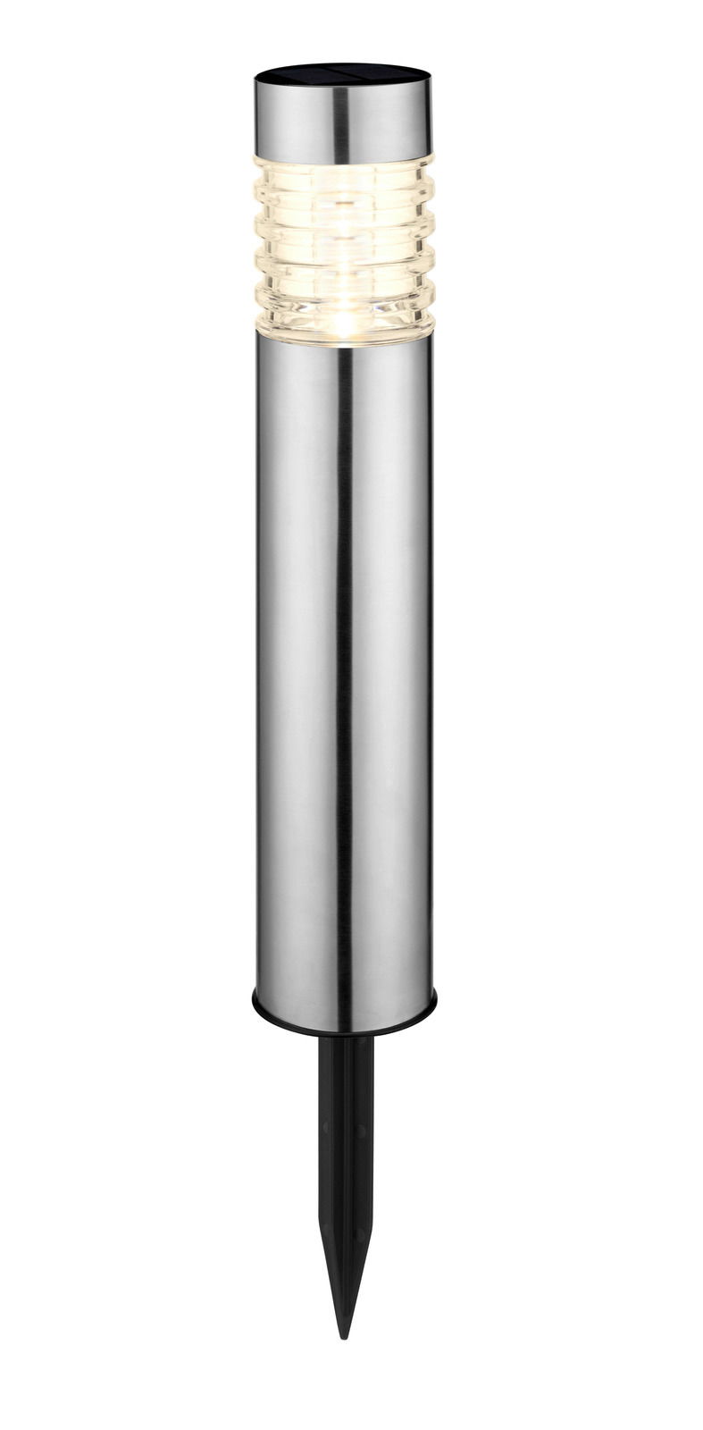 Solarleuchte aus Edelstahl mit transparentem Leuchtbereich, seitliche Perspektive
