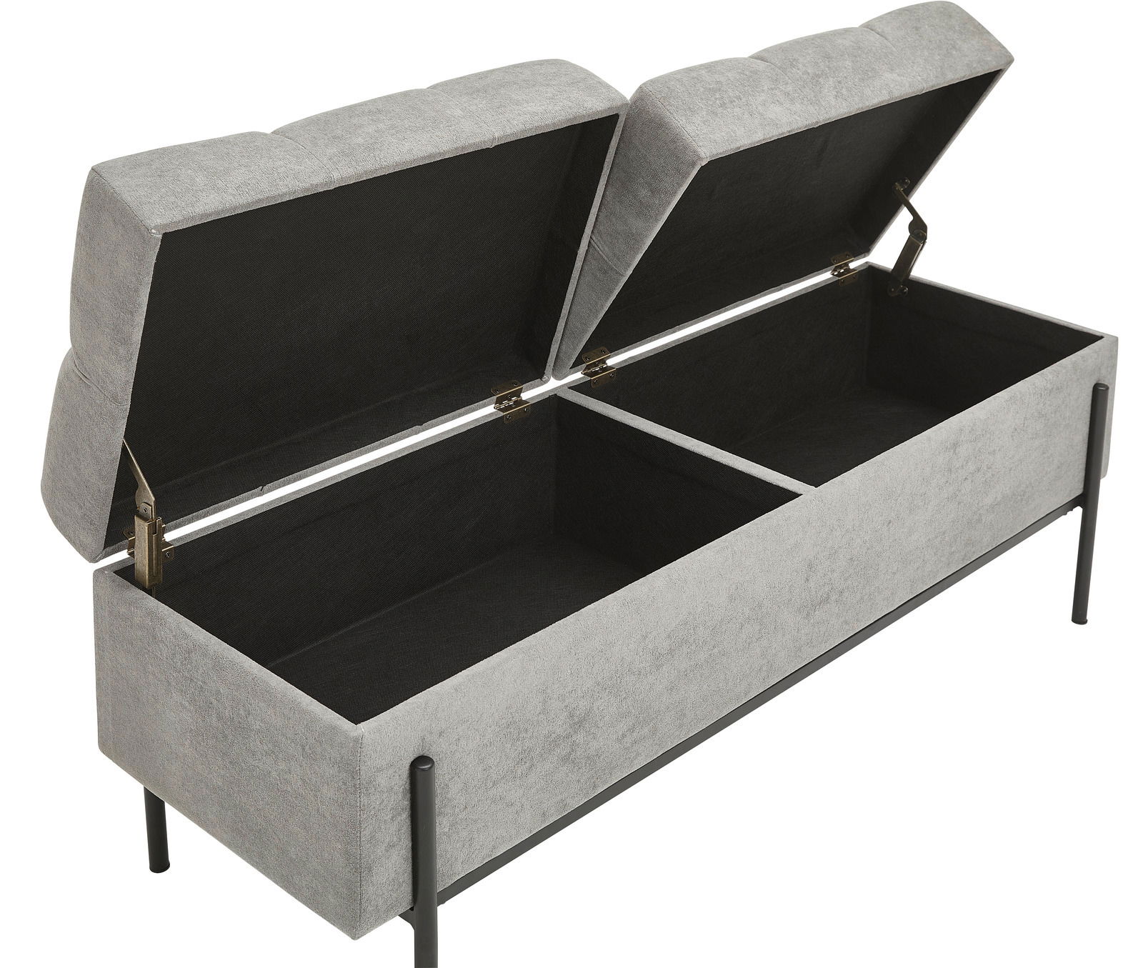 Hockerbank mit Stauraum, grauer Stoff, geöffnete Perspektive, zeigt zwei separate Fächer.