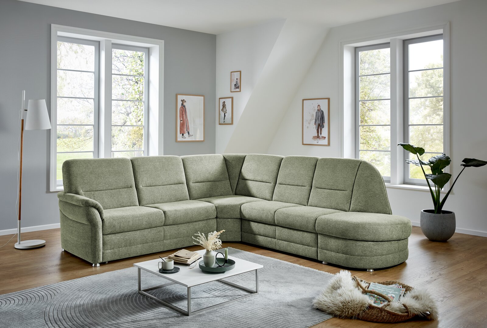 Beldomo Comfort Hoekbank QUEENLINE Groene hoekbank Beldomo Comfort QUEENLINE in een moderne woonkamer, zijaanzicht.