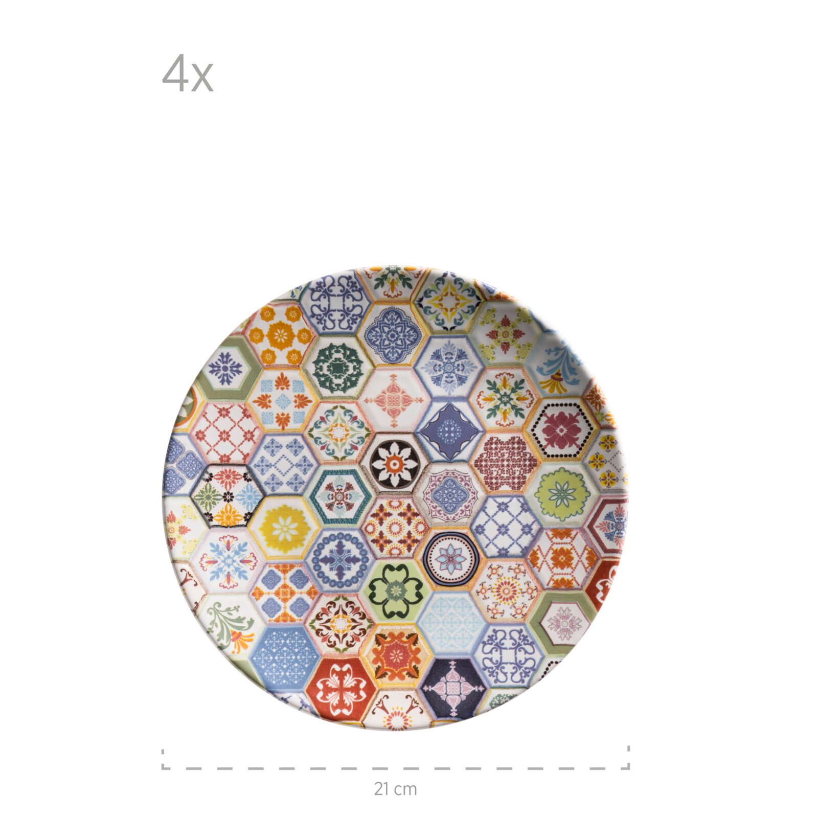 Runder Keramikteller mit buntem Patchwork-Mosaik aus hexagonalen Ornamentkacheln, Draufsicht auf weißem Hintergrund, ca. 21 cm Durchmesser
