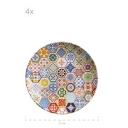 Runder Keramikteller mit buntem Patchwork-Mosaik aus hexagonalen Ornamentkacheln, Draufsicht auf weißem Hintergrund, ca. 21 cm Durchmesser