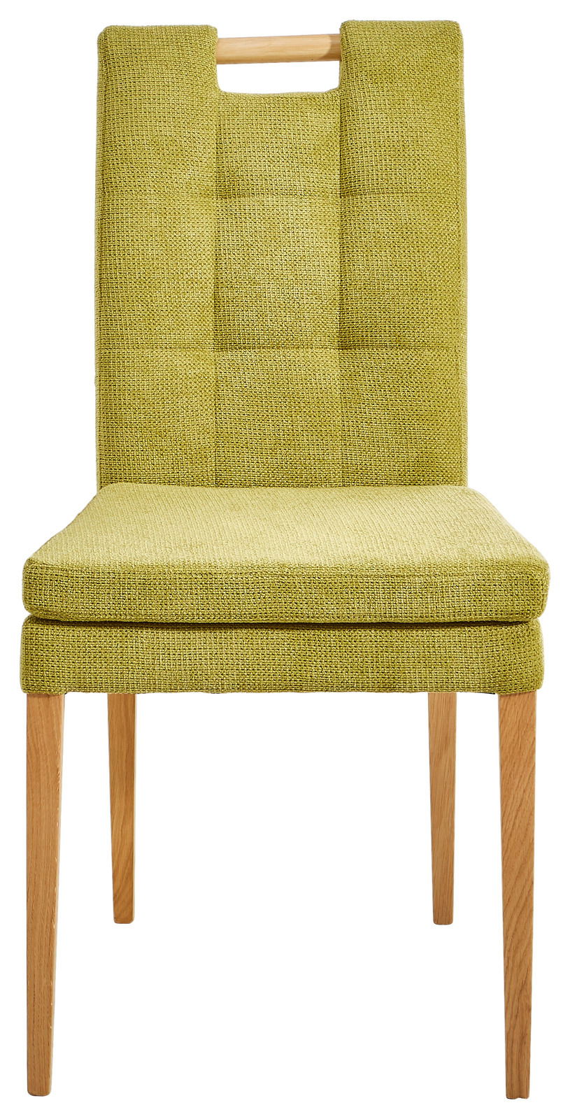 Moderner Stuhl mit grünem Stoffbezug und Holzbeinen, Frontalansicht