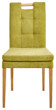 Moderner Stuhl mit grünem Stoffbezug und Holzbeinen, Frontalansicht