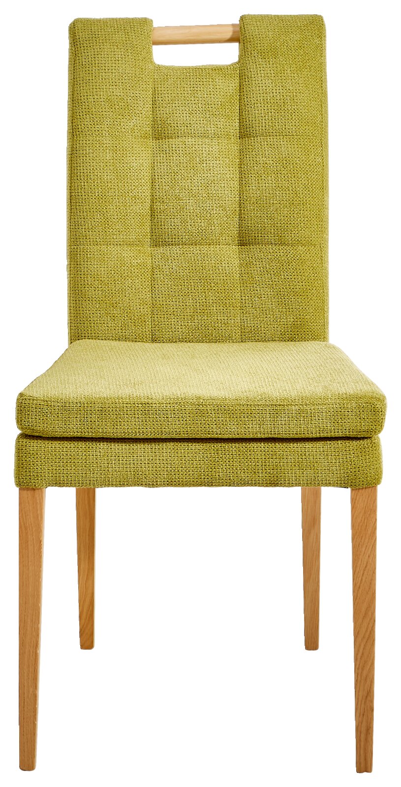 Moderner Stuhl mit grünem Stoffbezug und Holzbeinen, Frontalansicht