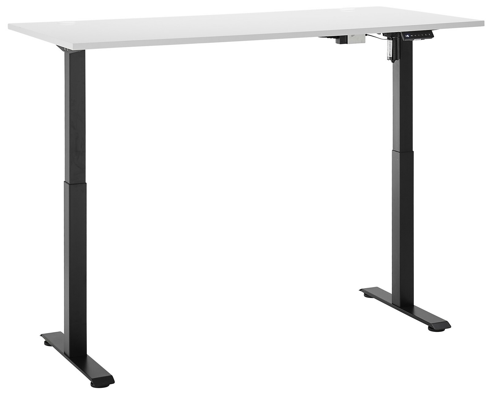Moderner höhenverstellbarer E-Schreibtisch mit weißer Tischplatte und schwarzen Beinen, seitliche Perspektive.
