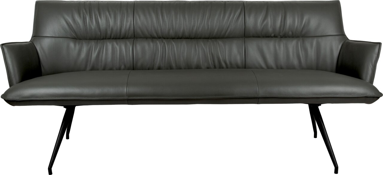 Dunkelgraues Leder-3-Sitzer-Sofa mit Armlehnen, gepolsterter Rückenlehne und schwarzen Metallbeinen, Frontansicht vor weißem Hintergrund