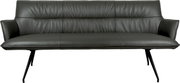 Dunkelgraues Leder-3-Sitzer-Sofa mit Armlehnen, gepolsterter Rückenlehne und schwarzen Metallbeinen, Frontansicht vor weißem Hintergrund