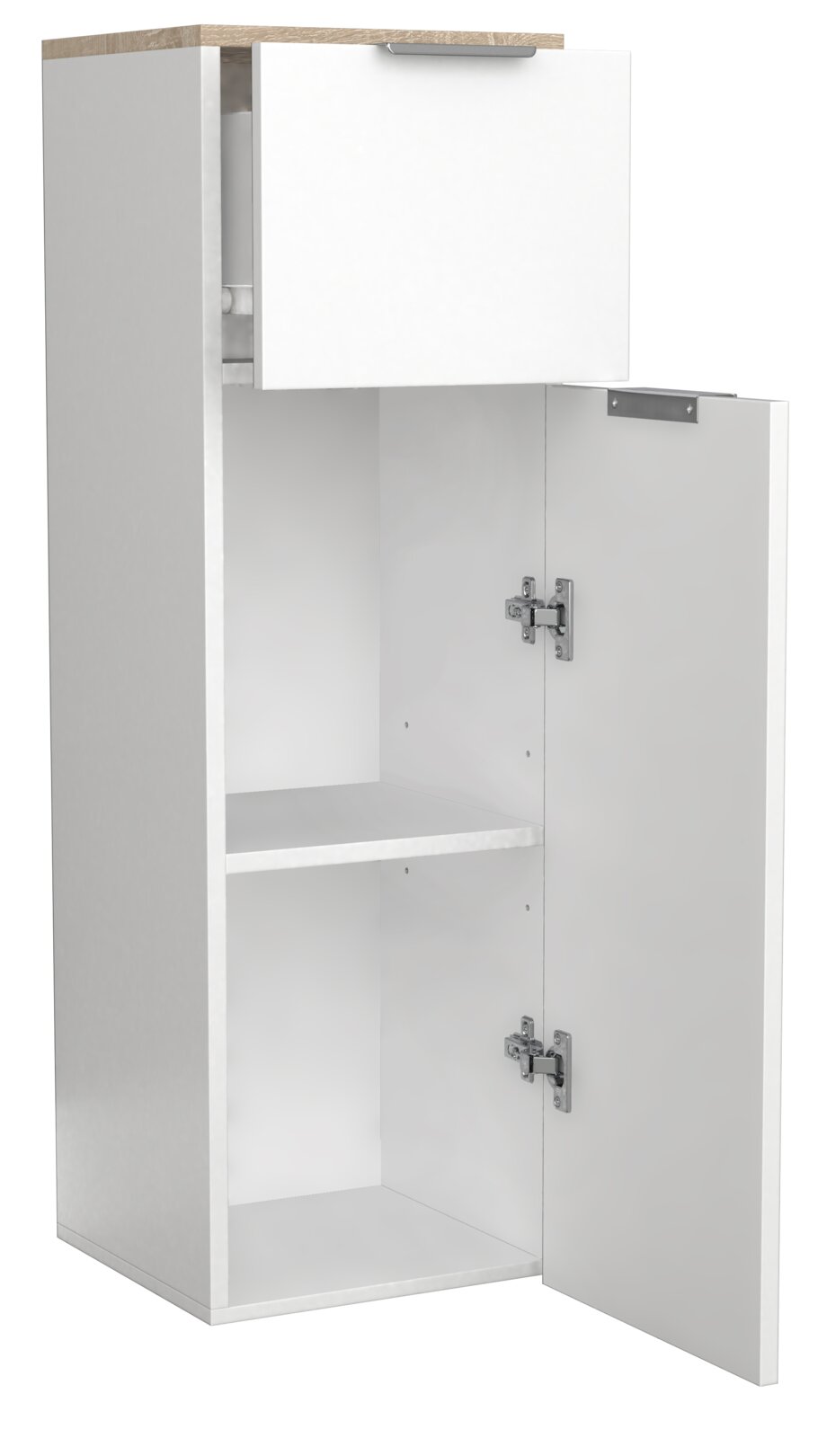 Weißer Hochschrank mit Holzoptik-Abdeckplatte, offener oberer Klapptür und geöffneter unterer Drehtür, Innenraum mit Einlegeboden, Perspektive: leicht von vorne links