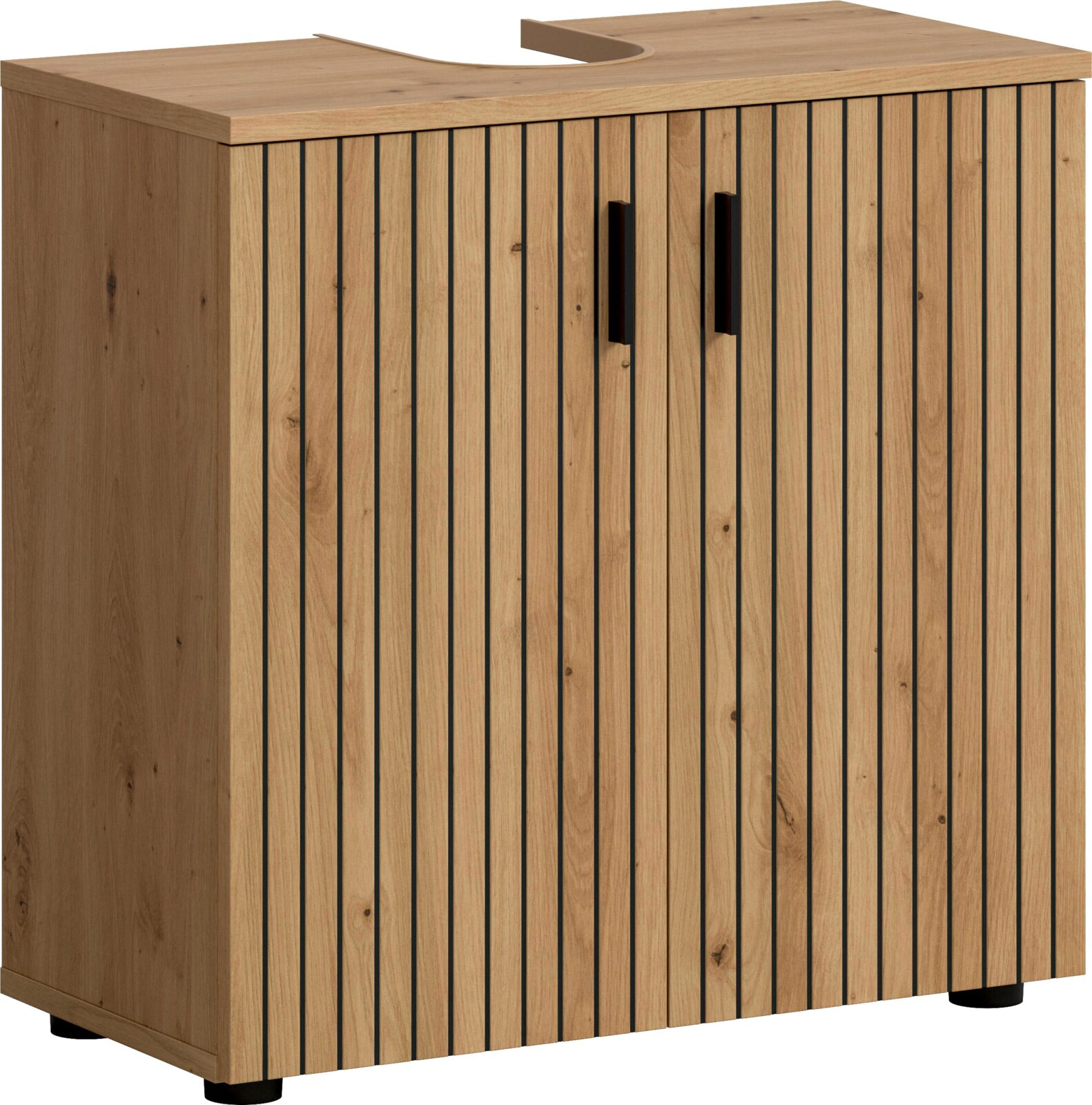 Waschbecken-Unterschrank aus Holz in Eiche-Optik mit vertikaler Lamellenfront, zwei Türen und schwarzen Griffen, mit Ausschnitt für den Siphon Ansicht schräg von vorne links