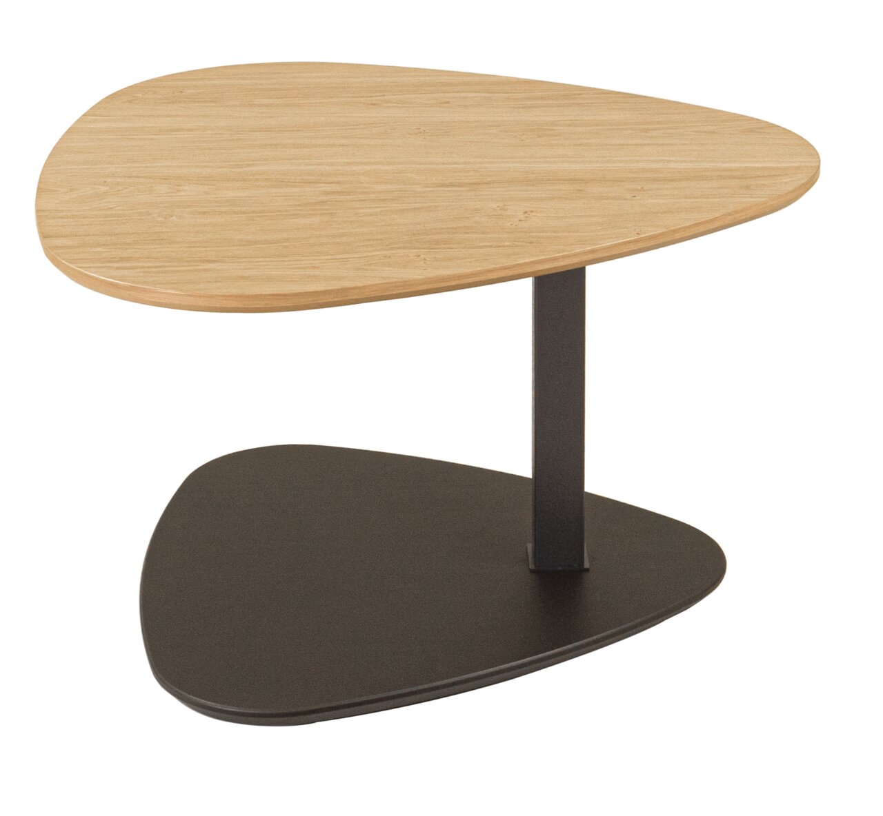 Moderner Couchtisch mit zweistufigem Design, obere Platte aus hellem Holz und untere Platte in dunklem Farbton, seitliche Perspektive