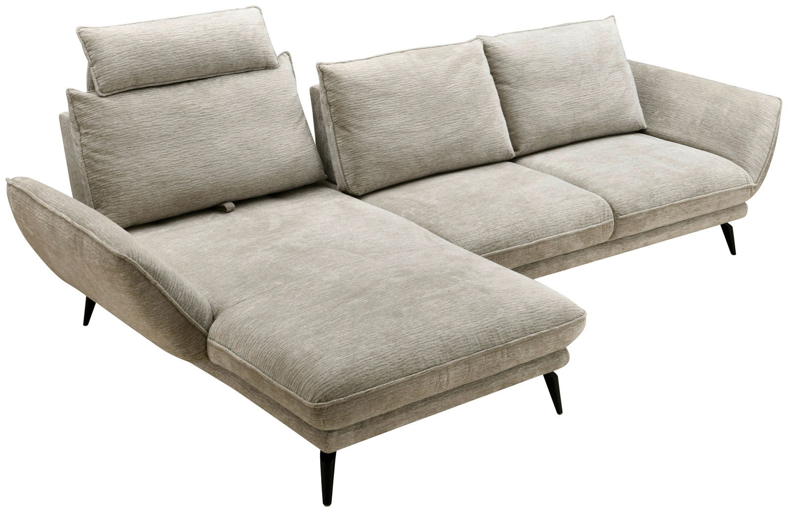 Beige Longchair-Kombination mit zwei Sitzplätzen und einer Liegefläche, seitliche Perspektive