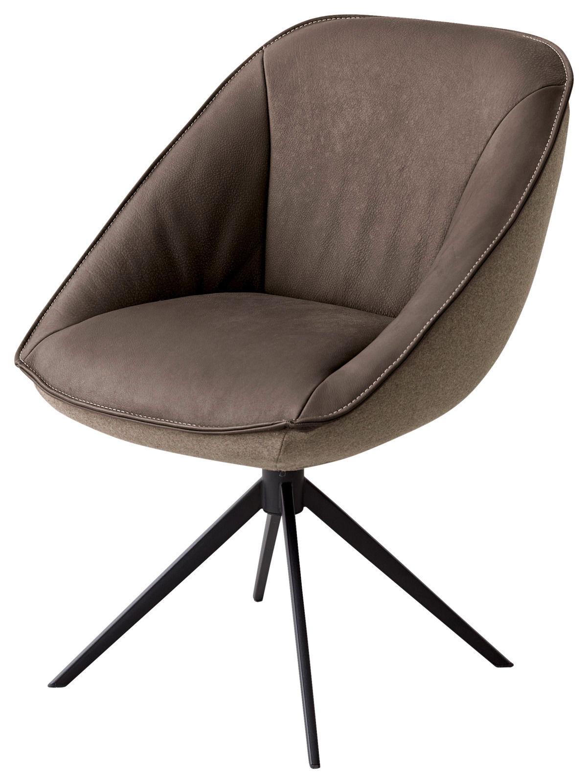 Moderner Armlehnstuhl mit braunem Polster und schwarzem Metallgestell, seitliche Perspektive