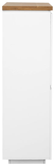 Seitenansicht eines weißen Highboards mit Holzplatte