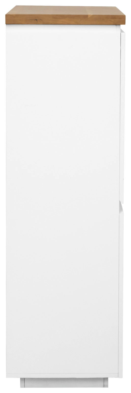 Seitenansicht eines weißen Highboards mit Holzplatte