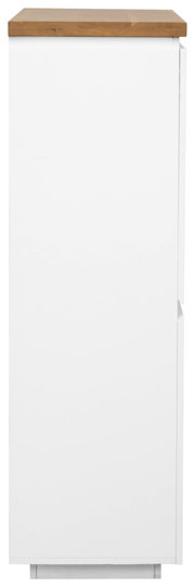 Seitenansicht eines weißen Highboards mit Holzplatte