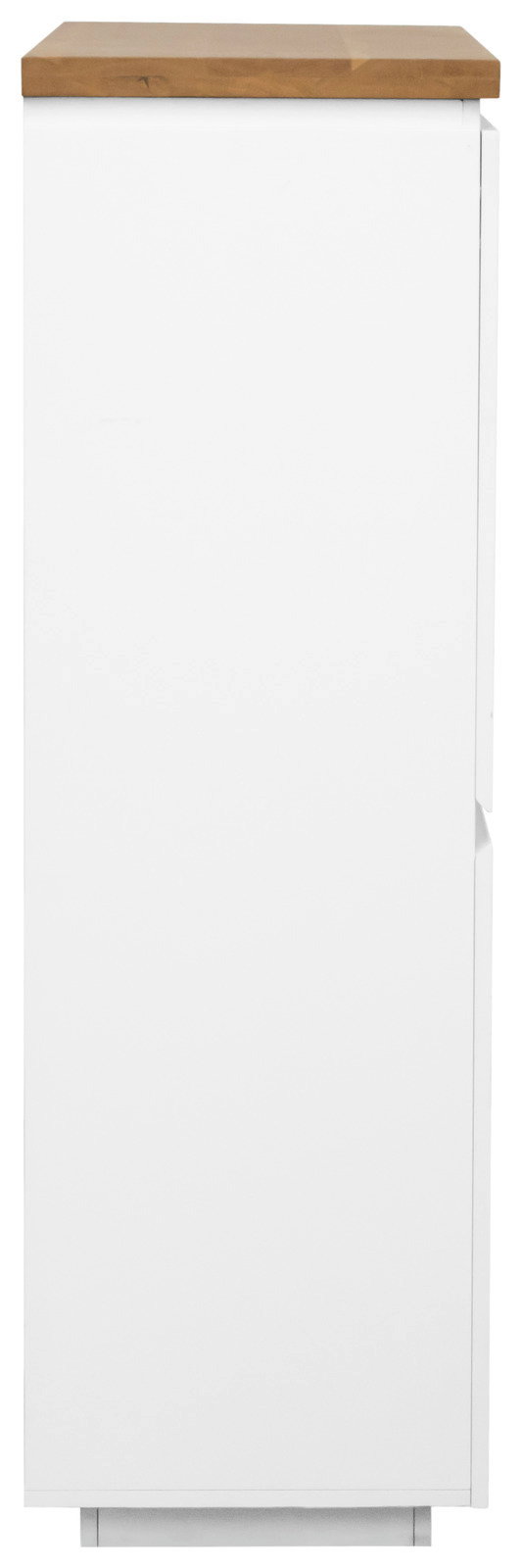Seitenansicht eines weißen Highboards mit Holzplatte