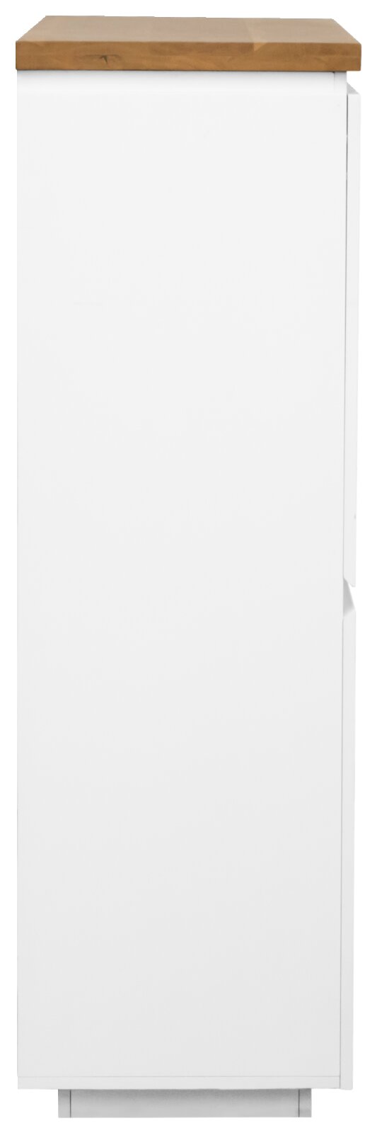 Zijaanzicht van een wit hoogkastje met houten blad