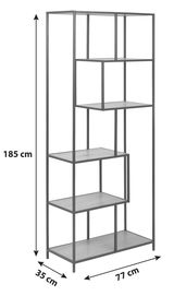 Metallregal mit fünf Ebenen, 185 cm hoch, 77 cm breit und 35 cm tief, seitliche Perspektive
